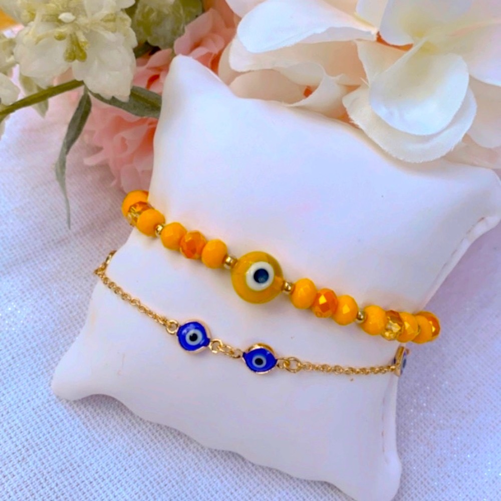 Set of 2 Crystal Beaded Turkey Evil Eye Bracelets for Women Bracelet Handmade